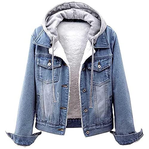 KGLHTYU Mädchen Winter Jeansjacke Gefütterte Damen Winterjacke mit Kapuze Jeans Jacke mit Fell Jeansmantel Warm Fleece Mantel Jacke von KGLHTYU