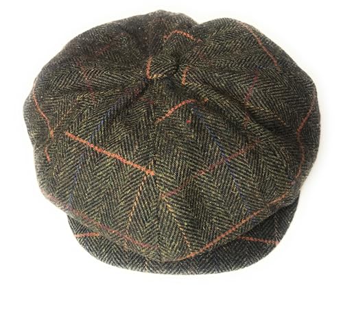 KGM Accessories Hering Bone Panel Baker Boy Newsboy Flat Cap - Herren Caps, Grün (Green Check), M von KGM Accessories