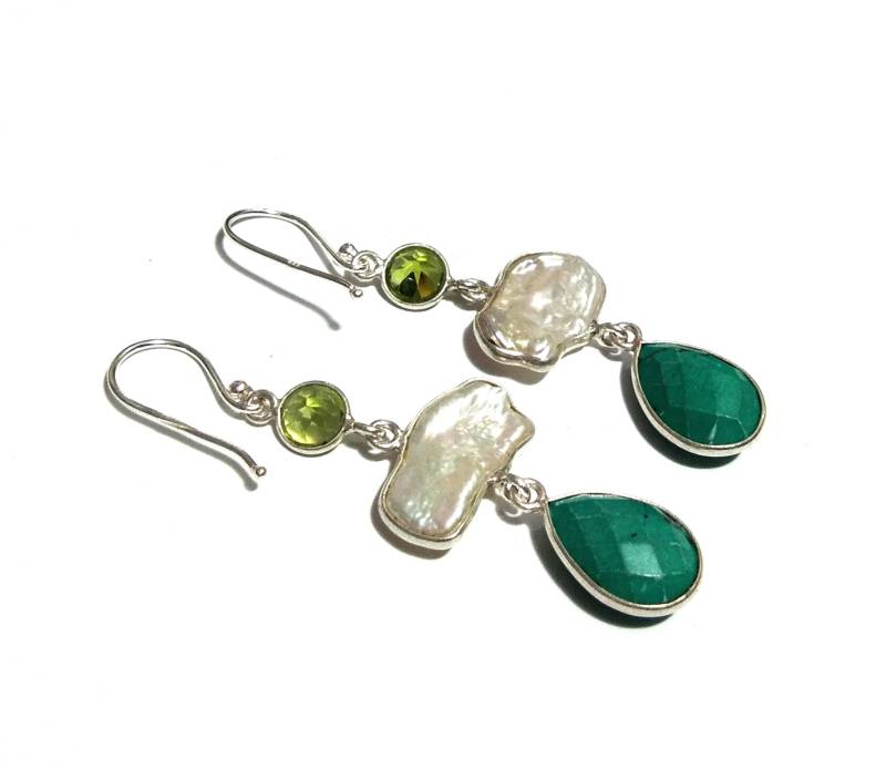 Natürliche Süßwasser Barock Perle/Peridot Türkis Stein Tropfen Ohrring, 925 Massiv Starling Silber Edelstein Geschenk Hochzeit Ohrring von KGNSilverJewellery