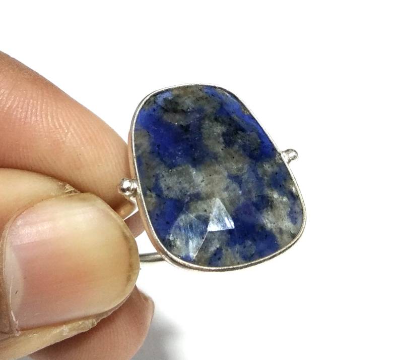 Blauer Punkt Jaspis Checker Cut Stein Ring, 925 Massiv Starling Silber Edelstein-Größe 16 X 21 Mm Natürlicher Geschenkring von KGNSilverJewellery