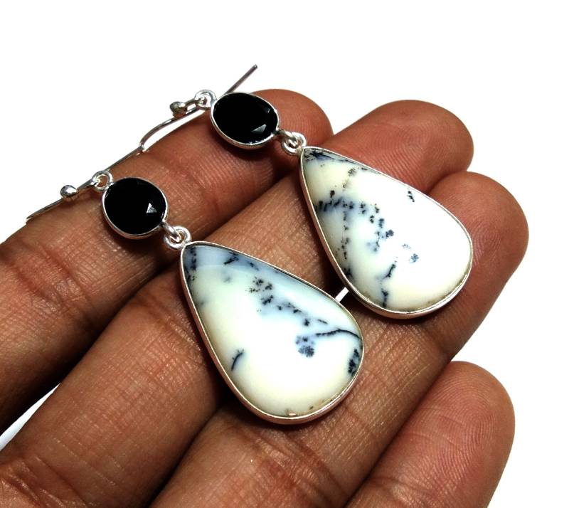 Natürliche Dendrit Opal/Schwarzer Onyx Edelstein Ohrring, 925 Massiv Starling Silber Stein Größe 27 X 16 Mm Geschenk Baumeln Ohrring Schmuck von KGNSilverJewellery