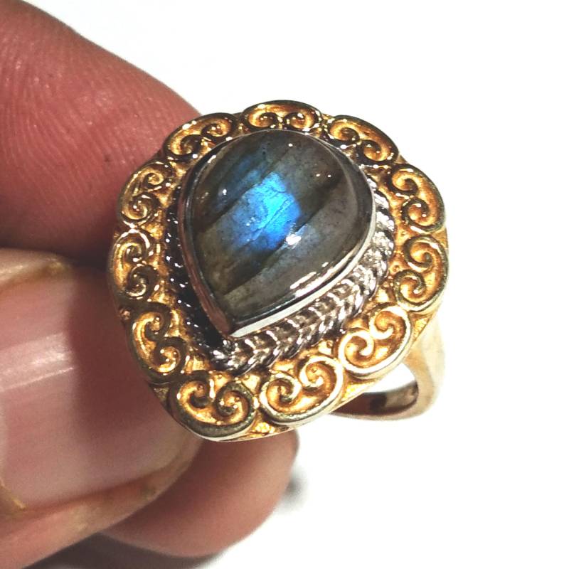 Natürliche Labradorit Blue Feuer Stein Ring , Massiv 925 Starling Silber Vergoldet Schmuck Birnenform Größe 12 X 10 Mm Geschenk Für von KGNSilverJewellery