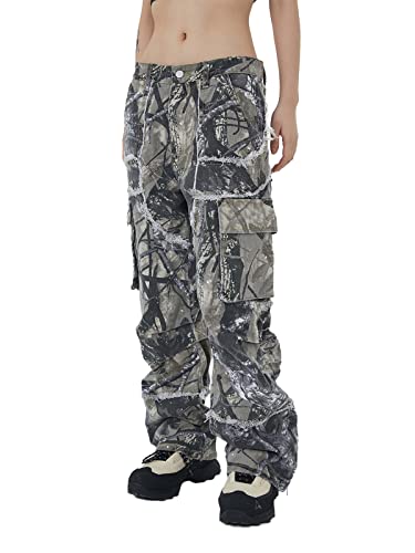 KGYA Unisex-Camouflage-Cargo-Hose, mehrere Taschen, roher Rand, übergroßer, gerader Reißverschluss, breite Beine, Streetwear für Hip-Hop-Herren, Damen, Camo, S von KGYA