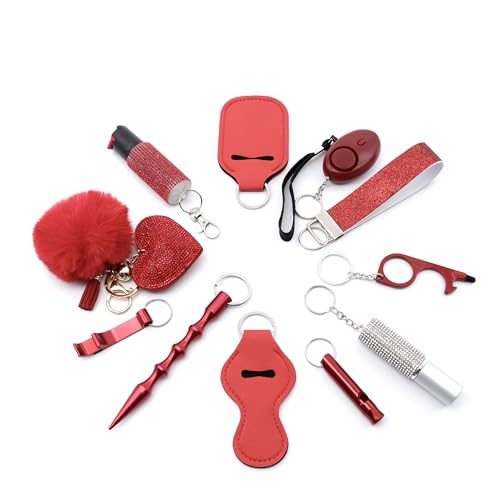 12-teiliges Selbstverteidigung Set - Siecherheit Schlüsselanhänger Geschenk für Damen - Pfefferspray Kubotan Schrill Alarm Taschenlampe Pfeife u. m. (Rot) von KH-Security