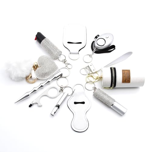 12-teiliges Selbstverteidigung Set - Siecherheit Schlüsselanhänger Geschenk für Damen - Pfefferspray Kubotan Schrill Alarm Taschenlampe Pfeife u. m. (Weiß) von KH-Security