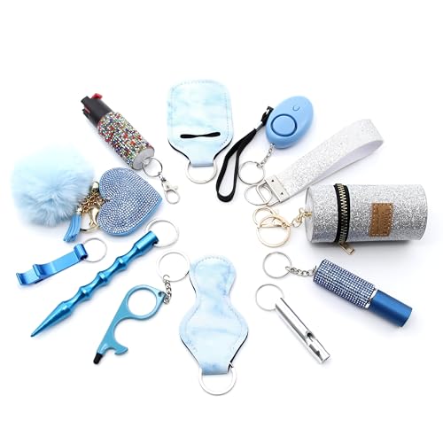 12-teiliges Selbstverteidigung Set - Siecherheit Schlüsselanhänger Geschenk für Damen zum Geburtstag - Pfefferspray Kubotan Schrill Alarm Taschenlampe Pfeife u. m. (Hellblau) von KH-Security