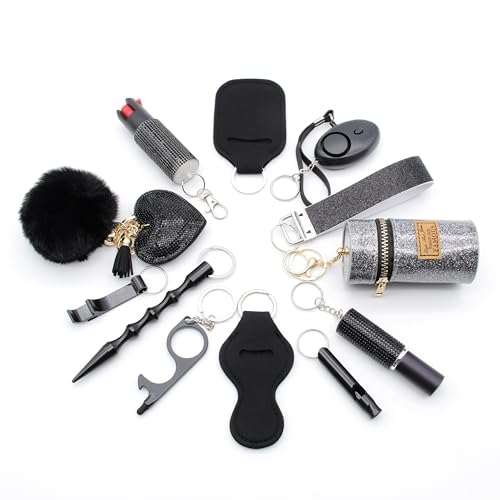 12-teiliges Selbstverteidigung Set - Siecherheit Schlüsselanhänger Geschenk für Frau zum Geburtstag - Pfefferspray Kubotan Schrill Alarm Taschenlampe Pfeife u. m. (Schwarz) von KH-Security