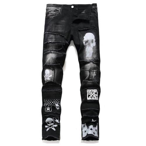 schwarz Schädel Herren Jeans Super Jeanshose Für Männer Freizeithose Slim Fit Denim Designer Nähte Kontrastnaht Streetwear aufwendigen Designs (as3, waist_inseam, numeric_30, numeric_30, schwarz) von KHANIE