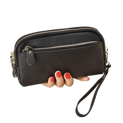 KHASCBNF Wristlet GeldböRse Damen Geldbörse Mit Doppelreißverschluss, Clutch, Rindsleder, Armbandtasche, Handytasche(Black) von KHASCBNF