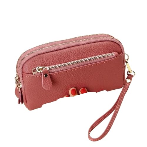 KHASCBNF Wristlet GeldböRse Damen Geldbörse Mit Doppelreißverschluss, Clutch, Rindsleder, Armbandtasche, Handytasche(Light Red) von KHASCBNF