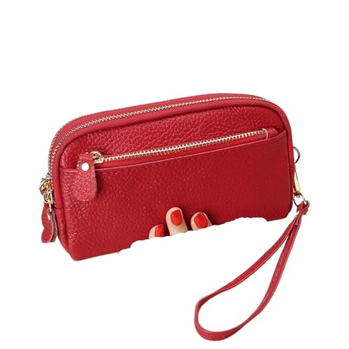 KHASCBNF Wristlet GeldböRse Damen Geldbörse Mit Doppelreißverschluss, Clutch, Rindsleder, Armbandtasche, Handytasche(Red) von KHASCBNF