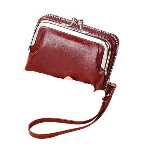 KHASCBNF Wristlet GeldböRse Damen-Geldbörse mit Handgelenkschlaufe, kurze Geldbörse im Retro-Stil, Aufbewahrungstasche for Kleingeld, tragbare Mini-Kartenhalter, Reißverschluss, Geldklammer(Red1) von KHASCBNF