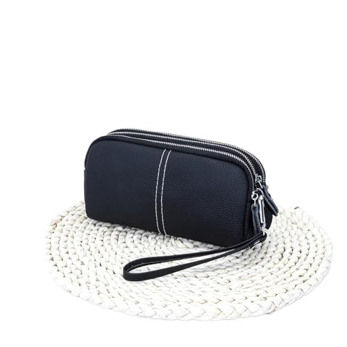 KHASCBNF Wristlet GeldböRse Damen Lederarmband Clutch Geldbörse Kleine Handytasche mit mehreren Taschen Dreilagige Reißverschluss(Black) von KHASCBNF