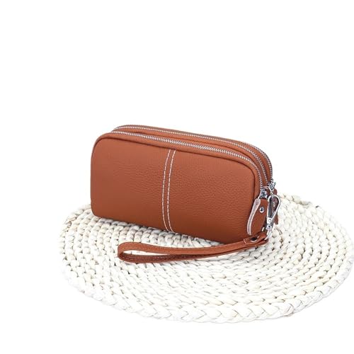 KHASCBNF Wristlet GeldböRse Damen Lederarmband Clutch Geldbörse Kleine Handytasche mit mehreren Taschen Dreilagige Reißverschluss(Brown) von KHASCBNF