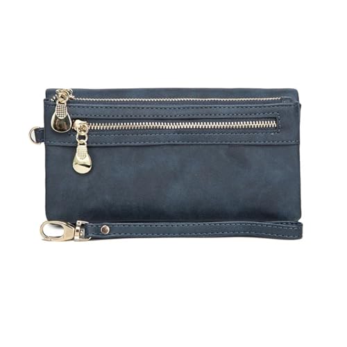 KHASCBNF Wristlet GeldböRse Großes Fassungsvermögen Damen-Geldbörse aus matt poliertem Leder mit doppeltem Reißverschluss, Clutch, Armband, Geldbörse, Handy-Münzkartenhalter, mehreren Taschen(Blue) von KHASCBNF