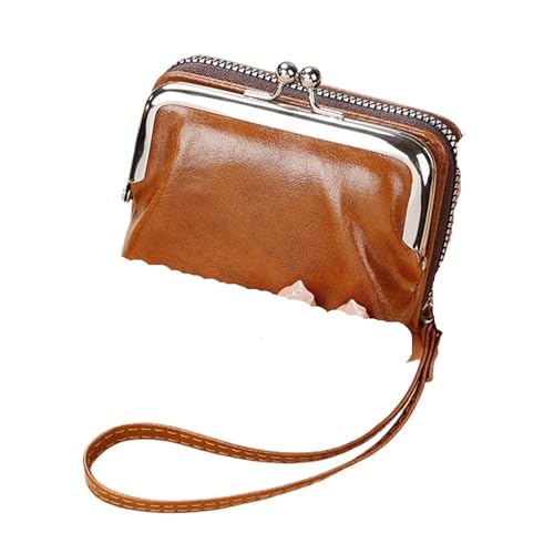 Wristlet GeldböRse Damen-Geldbörse mit Handgelenkschlaufe, kurze Geldbörse im Retro-Stil, Aufbewahrungstasche for Kleingeld, tragbare Mini-Kartenhalter, Reißverschluss, Geldklammer(Light Brown) von KHASCBNF