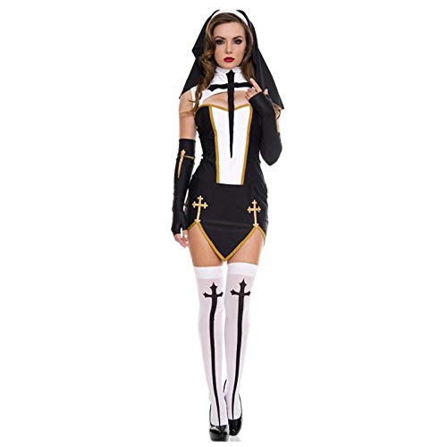 KHDFYER Bademantel Kurz Damen Schwarz Weiß Sexy Nonne Schwester Kostüm Jungfrau Maria Nonnen Kostüme Erwachsene Frauen Halloween Cosplay Party Kleid + Kapuze + Handschuhe + Strümpfe-Schwarz_XL von KHDFYER