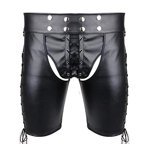 KHDFYER Herren Tanga Homosexuell Männer Sexy Dessous Unterwäsche Erwachsene Kostüme Boxershorts Kunstleder Jockstraps Clubwear Open Butt Crotchless Höschen-Schwarz_XL von KHDFYER