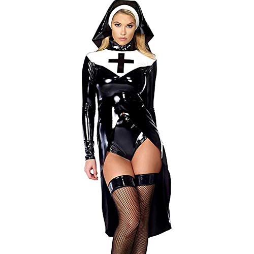 KHDFYER Negligee Frauen Saintlike Verführerin Kostüm Kunstleder PVC Wetlook Nonne Kostüm Halloween Cosplay Kostüm-Schwarz_L. von KHDFYER