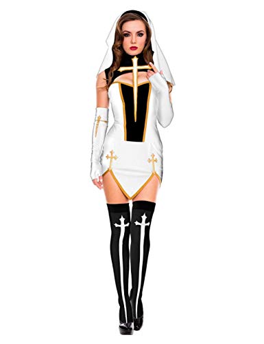 KHDFYER Negligee Sexy Schwarz Weiß Sexy Nonne Schwester Kostüm Jungfrau Maria Nonnen Kostüme Erwachsene Frauen Halloween Cosplay Party Kleid + Kapuze + Handschuhe + Strümpfe-Weiß_S. von KHDFYER