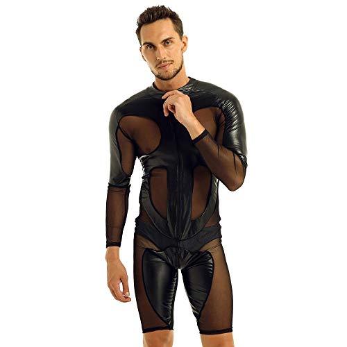 KHDFYER Sissy Dessous Mann Mens Sexy Bodysuit Dessous Homosexuell Männlich Bodycon Splice Reißverschluss Bodystocking Sexy Clubwear-Schwarz_M. von KHDFYER