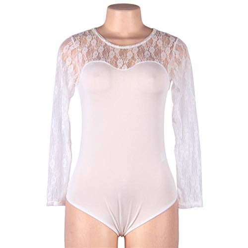 Nachthemd Spitze Lingerie Nachtkleid Frauen Spitze Kurzer Overall Sexy Transparenter Langarm Bodysuit Schwarzer Körper Femme Romper Sheer-Weiß_5XL von KHDFYER