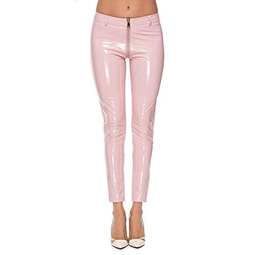 Schlafanzug Damen Sexy Plus Size Leder Sexy Shiny Leggings Frauen PVC Reißverschluss Punk Rock Disco Legging Latex Skinny Pencil Schwarze Hose Hot Pants-Rosa_L. von KHDFYER