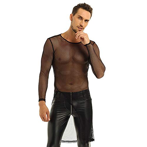 Slip Herren Herren Langarm Herbst Rundhalsausschnitt Mesh Durchsichtig Openwork Front Split Langes T-Shirt Unterhemd Fanshion Party Clubwear-M_Schwarz von KHDFYER