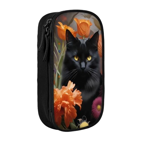 KHDKLXOHZ Federmäppchen mit niedlicher schwarzer Katze und Blume, großes Fassungsvermögen, Schreibwaren-Tasche, Schreibwaren-Tasche, Stifteetui mit Fächern, Reißverschluss, für Schule, Studenten von KHDKLXOHZ