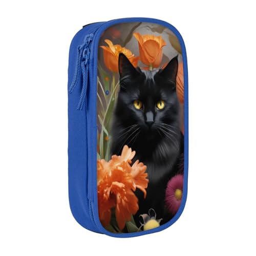 KHDKLXOHZ Federmäppchen mit niedlicher schwarzer Katze und Blume, großes Fassungsvermögen, Schreibwaren-Tasche, Schreibwaren-Tasche, Stifteetui mit Fächern, Reißverschluss, für Schule, Studenten von KHDKLXOHZ