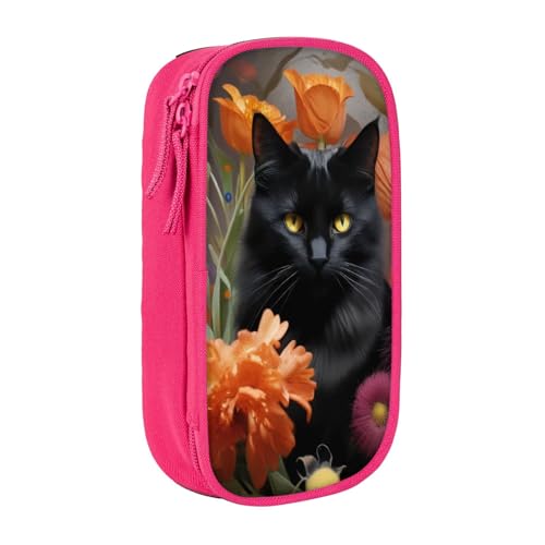 KHDKLXOHZ Federmäppchen mit niedlicher schwarzer Katze und Blume, großes Fassungsvermögen, Schreibwaren-Tasche, Schreibwaren-Tasche, Stifteetui mit Fächern, Reißverschluss, für Schule, Studenten von KHDKLXOHZ