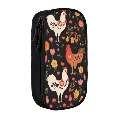 KHDKLXOHZ Niedliches Federmäppchen mit Hahn-Hühnern, großes Fassungsvermögen, Stiftetasche, Schreibwaren-Tasche, Stifteetui mit Fächern, Reißverschluss, für Schule, Studenten, Mädchen, Jungen, Frauen von KHDKLXOHZ