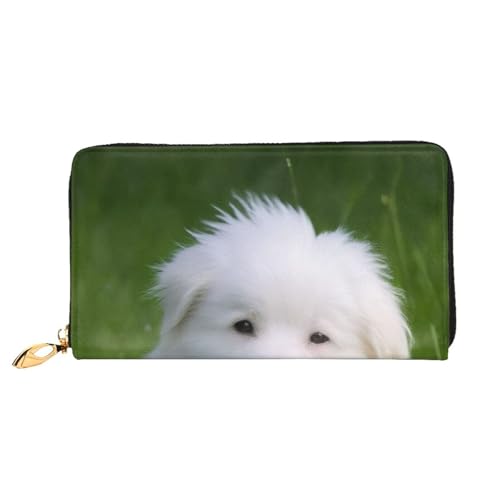 KHDKLXOHZ Stilvolle lange Ledergeldbörse für Damen, Bichon auf dem Gras, PU-Leder-Geldbörse mit Reißverschluss, Clutch, Handy-Kartenhalter, Kreditkarten-Geldbörse, Münzorganizer, Clutch-Geldbörse, 3D, von KHDKLXOHZ