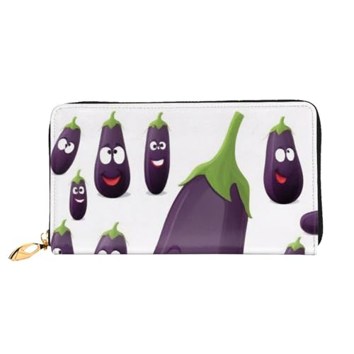 KHDKLXOHZ Stilvolle lange Ledergeldbörse für Damen, Cartoon-Aubergine, PU-Leder-Geldbörse mit Reißverschluss, Clutch, Handy-Kartenhalter, Kreditkarten-Geldbörse, Münzorganizer, Clutch-Tasche, 3D, von KHDKLXOHZ
