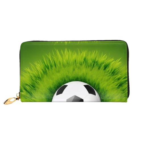 KHDKLXOHZ Stilvolle lange Ledergeldbörse für Damen, Fußball auf Gras, PU-Leder-Geldbörse mit Reißverschluss, Clutch, Handy-Kartenhalter, Kreditkarten-Geldbörse, Münzorganizer, Clutch-Geldbörse, 3D, von KHDKLXOHZ