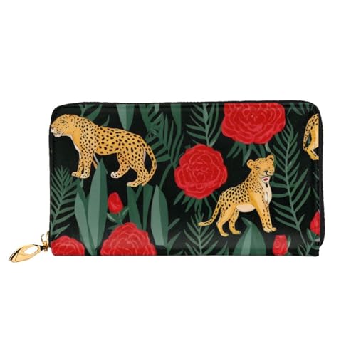 KHDKLXOHZ Stilvolle lange Ledergeldbörse für Damen, Ieopard und Rosen, PU-Leder-Geldbörse mit Reißverschluss, Clutch, Handy-Kartenhalter, Kreditkarten-Geldbörse, Münzorganizer, Clutch-Tasche, 3D, von KHDKLXOHZ