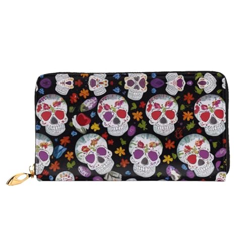 KHDKLXOHZ Stilvolle lange Ledergeldbörse für Damen, farbige Totenköpfe, PU-Leder-Geldbörse mit Reißverschluss, Clutch, Handy-Kartenhalter, Kreditkarten-Geldbörse, Münzorganizer, Clutch-Geldbörse, 3D, von KHDKLXOHZ