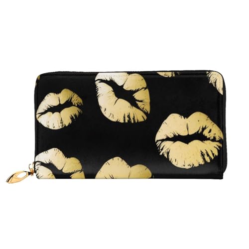 KHDKLXOHZ Stilvolle lange Ledergeldbörse für Damen, goldfarbene Lippen, PU-Leder-Geldbörse mit Reißverschluss, Clutch, Handy-Kartenhalter, Kreditkarten-Geldbörse, Münzorganizer, Clutch-Geldbörse, 3D, von KHDKLXOHZ
