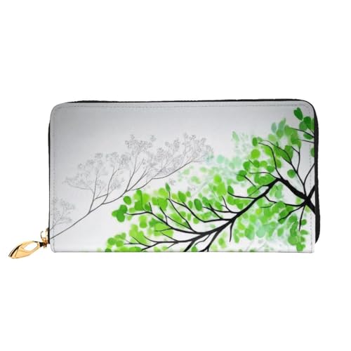 KHDKLXOHZ Stilvolle lange Ledergeldbörse für Damen, grünes und weißes Blatt, PU-Leder-Geldbörse mit Reißverschluss, Clutch, Handy-Kartenhalter, Kreditkarten-Geldbörse, Münzorganizer, Clutch-Geldbörse, von KHDKLXOHZ