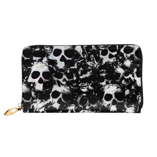 KHDKLXOHZ Stilvolle lange Ledergeldbörse für Damen, schwarzer und weißer menschlicher Totenkopf, PU-Leder-Geldbörse mit Reißverschluss, Clutch, Handy-Kartenhalter, Kreditkarten-Geldbörse, von KHDKLXOHZ