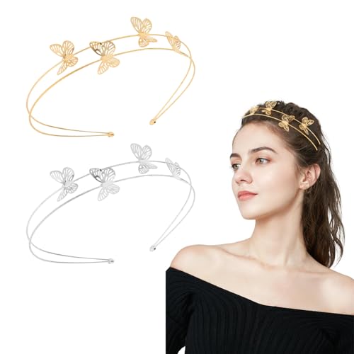 2 Stern Haarreifen Mädchen, Haarspangen Engel Haarreif Glitzer Haarreif Gold Mädchen Kinder Damen Glitzer Kostüm,Für Frauen Party Mädchen Braut Brautjungfern (Gold Silber, Schmetterling) von KHDULQ