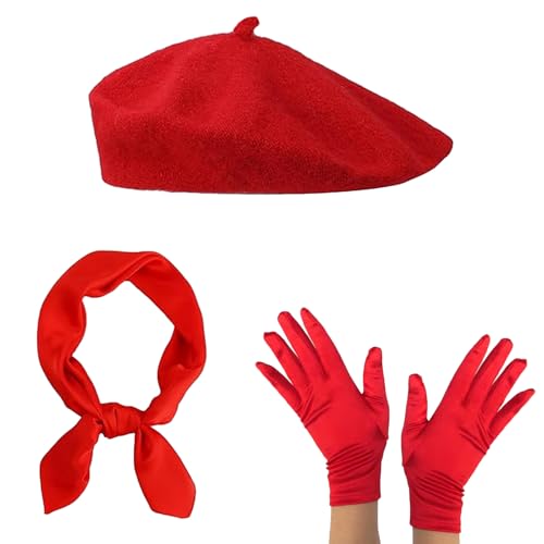 KHDULQ 3 Pièces Baskenmütze Damen Roter Anzug,Französische Baskenmütze Modischem Klassishe Künstlermütze-Seidentuch Halstuch Rote Mütze Künstler Kostüm 70 * 70 cm+Handschuhe,Pantomime Kostüm Karneval von KHDULQ