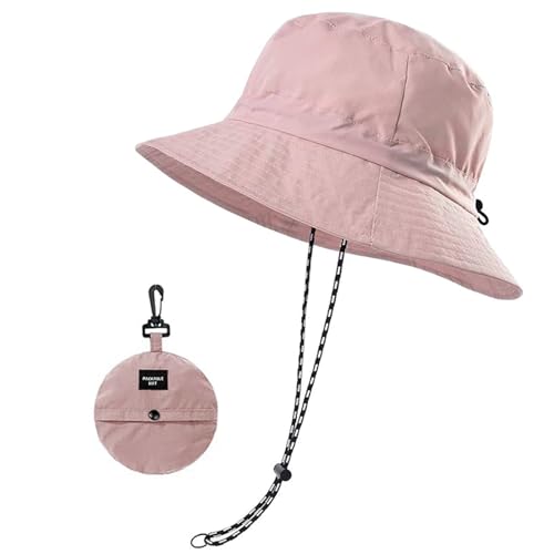 KHDULQ Sonnenhut Fischerhut mit Kinnriemen Wasserdichter Eimer Damen Schnell Dry Packable Hut Sommer Outdoor Aktivitäten Regenfest (DE/NL/SE/PL, Numerisch, 54, 60, Rosa) von KHDULQ