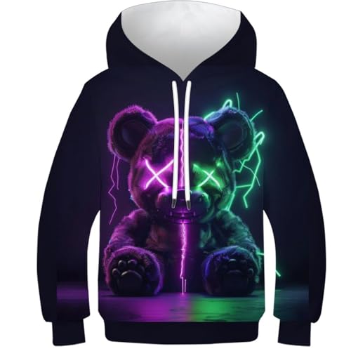 Cartoon Bear Jugend-Jungen-Pullover, Sport-Langarm-3D-Sweatshirt, Kapuzenpullover Mit Vordertasche 12-14Y von KHHKJBVCE