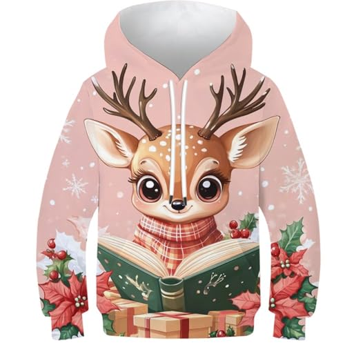 Christmas Deer Mädchen Hoodies 3D Niedlich Gedruckt Kinder Langarm Kostüm Kind Sweatshirt Top Mit Taschen 7-9Y von KHHKJBVCE