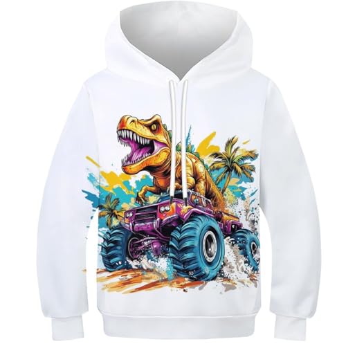 KHHKJBVCE Dinosaur Truck Kinder-Kapuzenpullover Für Jungen Und Mädchen, 3D-bedrucktes Kapuzen-Sweatshirt, Kapuzenmantel Mit Tasche 13-15Y von KHHKJBVCE