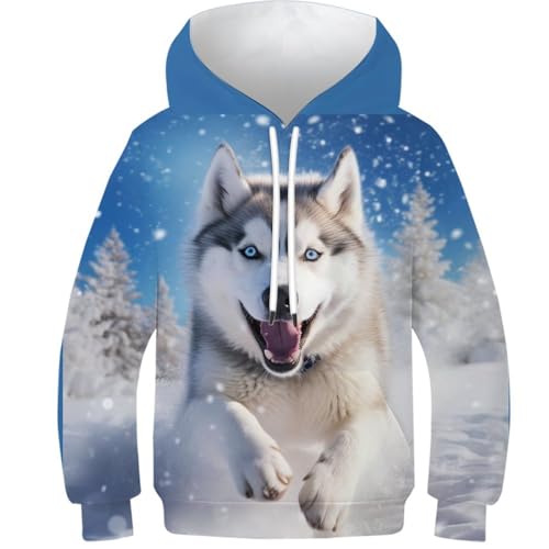 KHHKJBVCE Husky Jungen Mädchen Hoodie 3D Kinder Hoodies Bequeme Freizeit Farbiger Druck Teenager Hoodie Kinder Langarm Kapuzenpullover Pullover Mit Tasche 13-15Y von KHHKJBVCE