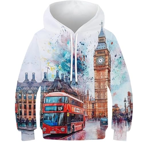 KHHKJBVCE Kinder Kapuzenpullover 3D London Bus Grafischer Pullover Mit Tasche Für Jungen Und Mädchen 13-15Y von KHHKJBVCE