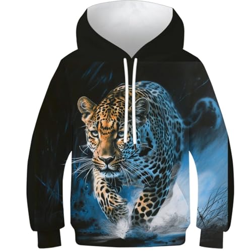 KHHKJBVCE Leopard 3D-Kapuzenpullover Für Kinder, Einzigartig, Bedrucktes Muster, Unisex, Hübscher Modischer Kapuzenpullover Für Kinder, Langärmeliger Pullover, Kapuzenpullover Mit Taschen 6-7Y von KHHKJBVCE