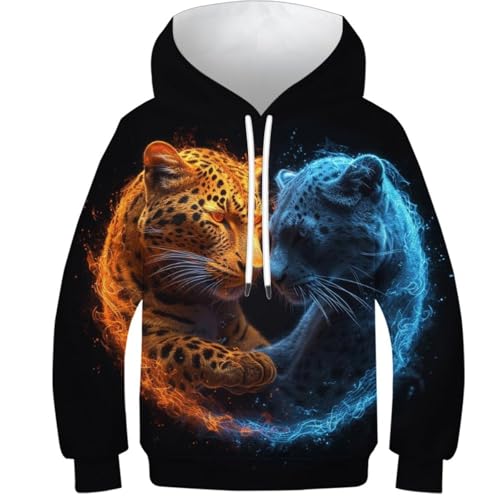 KHHKJBVCE Leopard 3D-Kapuzenpullover Für Kinder, Teenager, Jungen, Sweatshirts, Freizeit, Modisch, Lange Ärmel, Taschenpullover, Hoodies 13-15Y von KHHKJBVCE